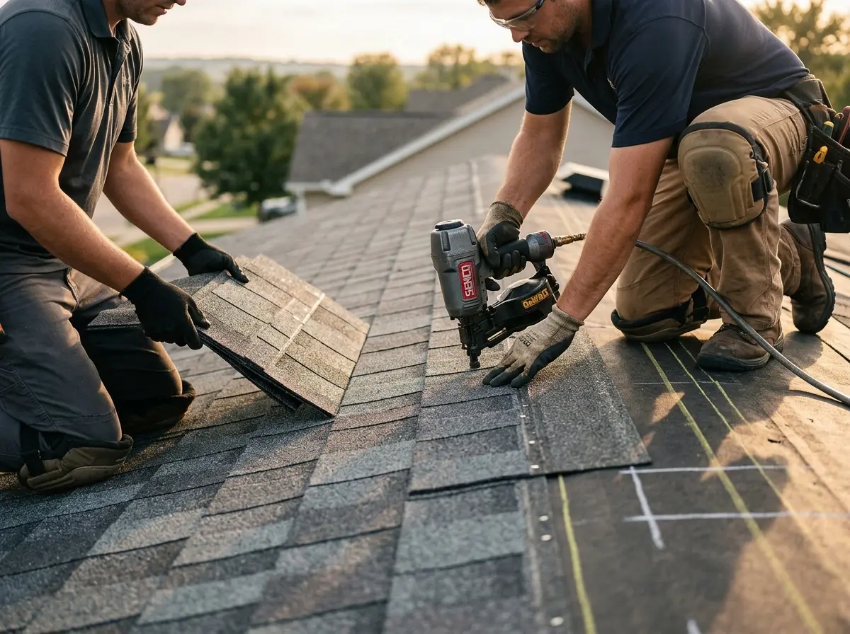 Professional roofer working on a residential roof in Waltham